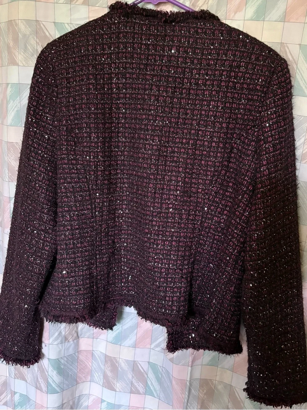 White House Black Market Plum Tweed Fringe-Trim Blazer